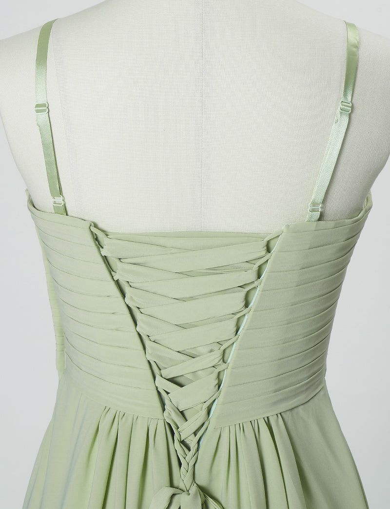 TWEED DRESS(ツイードドレス)のテンダーグリーンロングドレス・シフォン｜TN2027-TGNのトルソー上半身背面画像です。