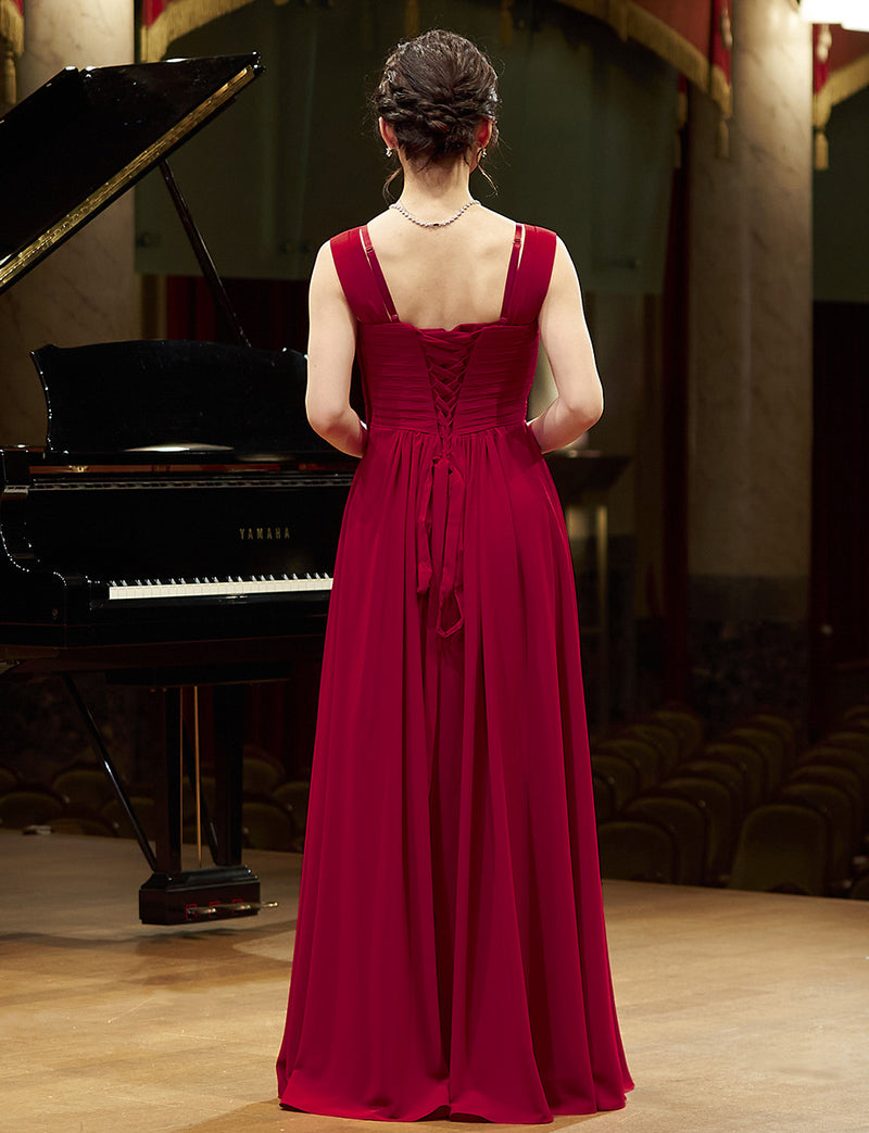 TWEED DRESS(ツイードドレス)のワインレッドロングドレス・シフォン｜TN2027-WRDの全身背面画像です。