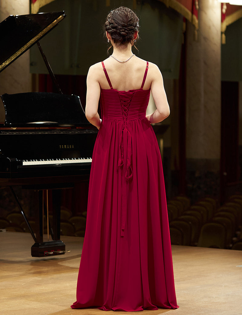 TWEED DRESS(ツイードドレス)のワインレッドロングドレス・シフォン｜TN2027-WRDの全身背面画像です。