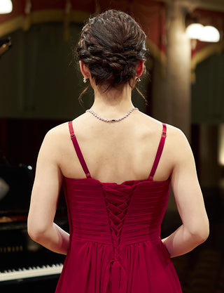 TWEED DRESS(ツイードドレス)のワインレッドロングドレス・シフォン｜TN2027-WRDの上半身背面画像です。