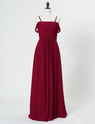 TWEED DRESS(ツイードドレス)のワインレッドロングドレス・シフォン｜TN2027-WRDのトルソー全身正面オフショルダーストラップ付き画像です。
