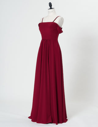 TWEED DRESS(ツイードドレス)のワインレッドロングドレス・シフォン｜TN2027-WRDのトルソー全身斜めオフショルダーストラップ付き画像です。