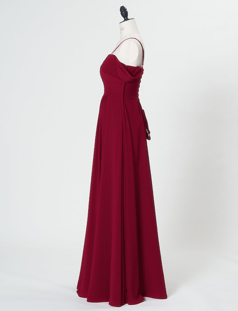 TWEED DRESS(ツイードドレス)のワインレッドロングドレス・シフォン｜TN2027-WRDのトルソー全身側面オフショルダーストラップ付き画像です。