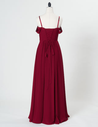 TWEED DRESS(ツイードドレス)のワインレッドロングドレス・シフォン｜TN2027-WRDのトルソー全身背面オフショルダーストラップ付き画像です。