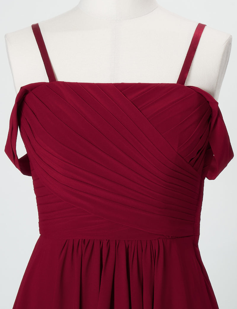 TWEED DRESS(ツイードドレス)のワインレッドロングドレス・シフォン｜TN2027-WRDのトルソー上半身正面オフショルダーストラップ付き画像です。