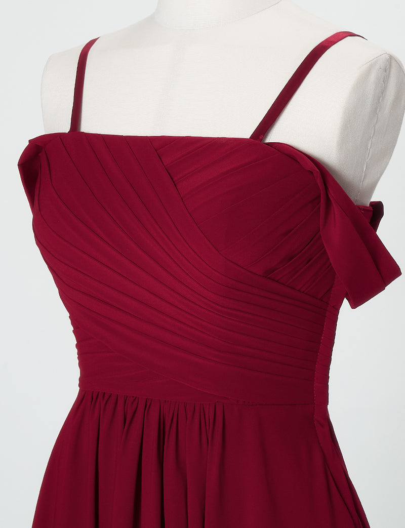 TWEED DRESS(ツイードドレス)のワインレッドロングドレス・シフォン｜TN2027-WRDのトルソー上半身斜めオフショルダーストラップ付き画像です。