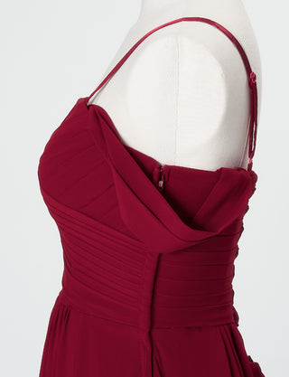 TWEED DRESS(ツイードドレス)のワインレッドロングドレス・シフォン｜TN2027-WRDのトルソー上半身側面オフショルダーストラップ付き画像です。
