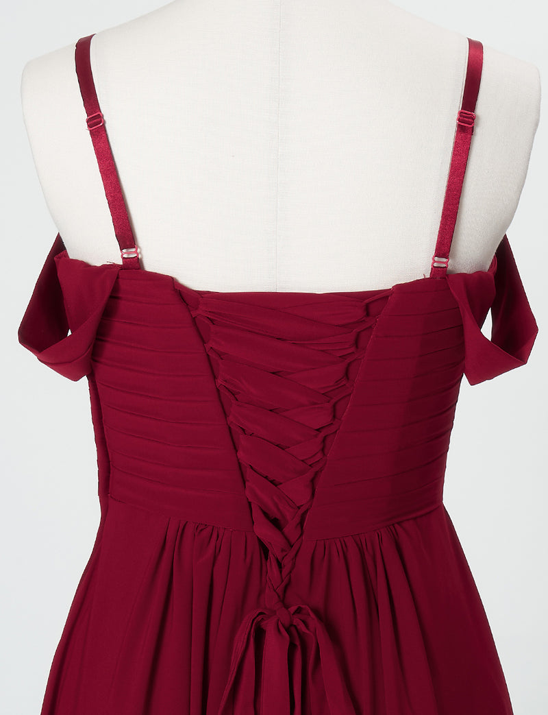 TWEED DRESS(ツイードドレス)のワインレッドロングドレス・シフォン｜TN2027-WRDのトルソー上半身背面オフショルダーストラップ付き画像です。