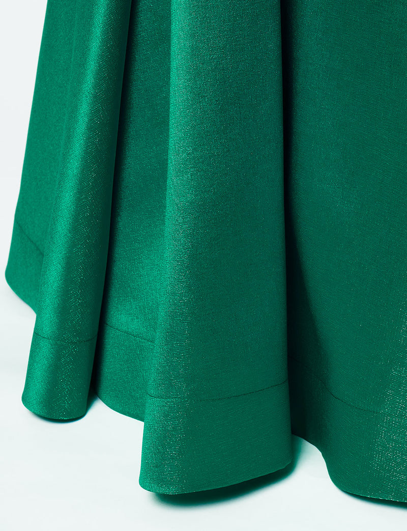 FineFeathers(ファインフェザーズ)のボトルグリーンロングドレス・サテン｜TO2102-BGNのスカート裾拡大画像です。
