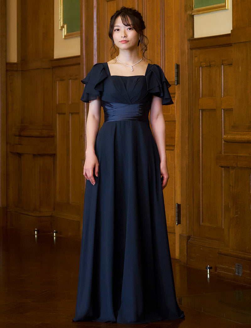 TWEED DRESS(ツイードドレス)のダークネイビーロングドレス・シフォン｜TS1501-SB-DNYの全身正面画像です。