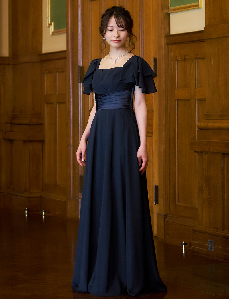 TWEED DRESS(ツイードドレス)のダークネイビーロングドレス・シフォン｜TS1501-SB-DNYの全身斜め画像です。