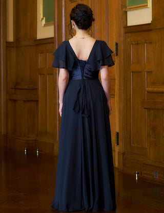 TWEED DRESS(ツイードドレス)のダークネイビーロングドレス・シフォン｜TS1501-SB-DNYの全身背面画像です。