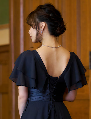 TWEED DRESS(ツイードドレス)のダークネイビーロングドレス・シフォン｜TS1501-SB-DNYの上半身背面画像です。