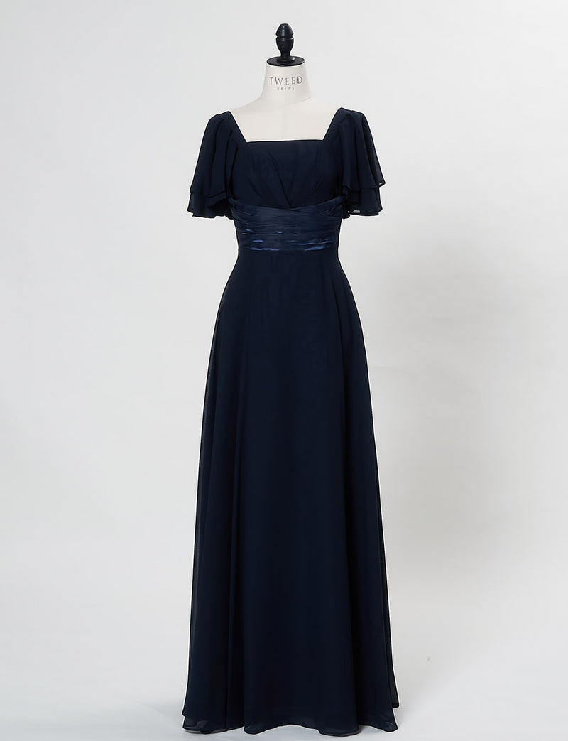 TWEED DRESS(ツイードドレス)のダークネイビーロングドレス・シフォン｜TS1501-SB-DNYのトルソー全身正面画像です。
