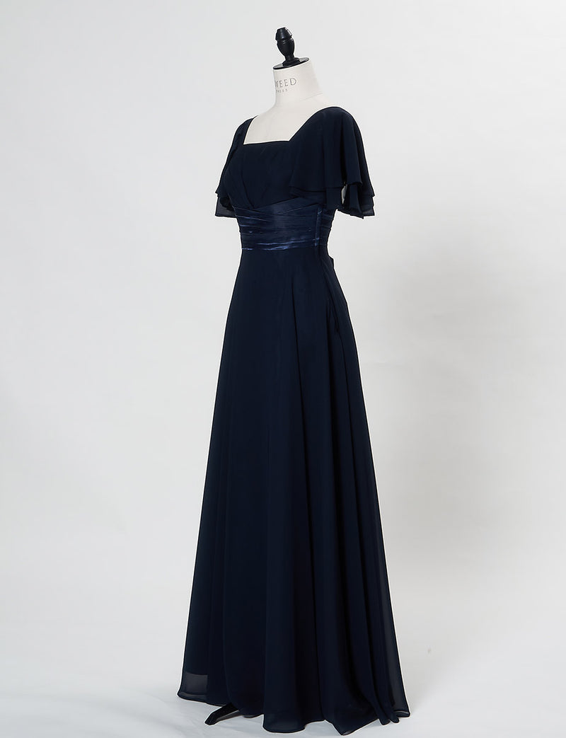 TWEED DRESS(ツイードドレス)のダークネイビーロングドレス・シフォン｜TS1501-SB-DNYのトルソー全身斜め画像です。