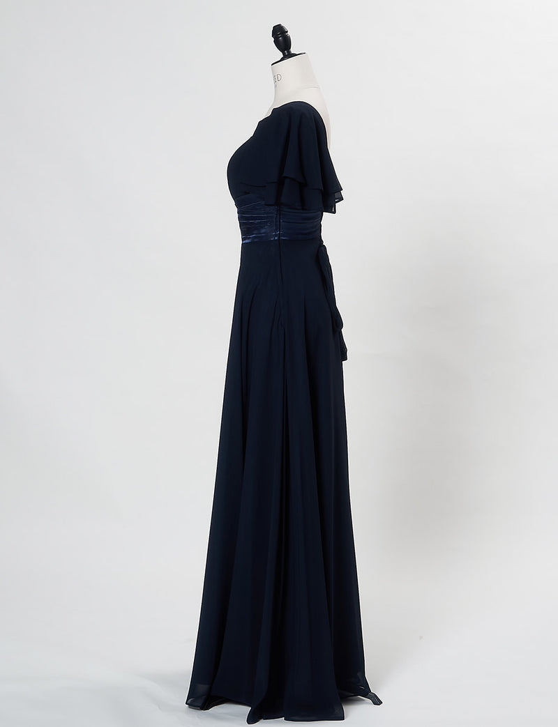 TWEED DRESS(ツイードドレス)のダークネイビーロングドレス・シフォン｜TS1501-SB-DNYのトルソー全身側面画像です。