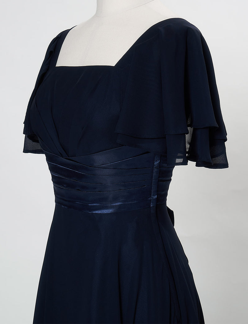 TWEED DRESS(ツイードドレス)のダークネイビーロングドレス・シフォン｜TS1501-SB-DNYのトルソー上半身斜め画像です。