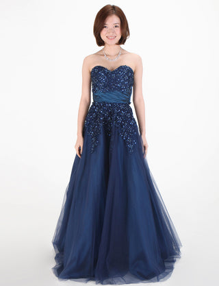 TWEED DRESS(ツイードドレス)のブルーネイビーロングドレス・チュール｜TS1502-BLNYの全身正面画像です。
