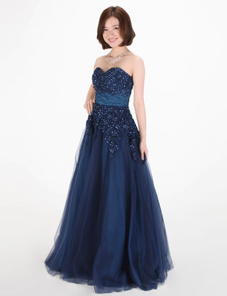 TWEED DRESS(ツイードドレス)のブルーネイビーロングドレス・チュール｜TS1502-BLNYの全身斜め画像です。