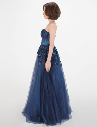 TWEED DRESS(ツイードドレス)のブルーネイビーロングドレス・チュール｜TS1502-BLNYの全身側面画像です。