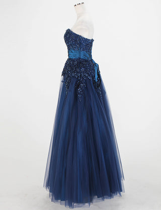 TWEED DRESS(ツイードドレス)のブルーネイビーロングドレス・チュール｜TS1502-BLNYのトルソー全身側面画像です。