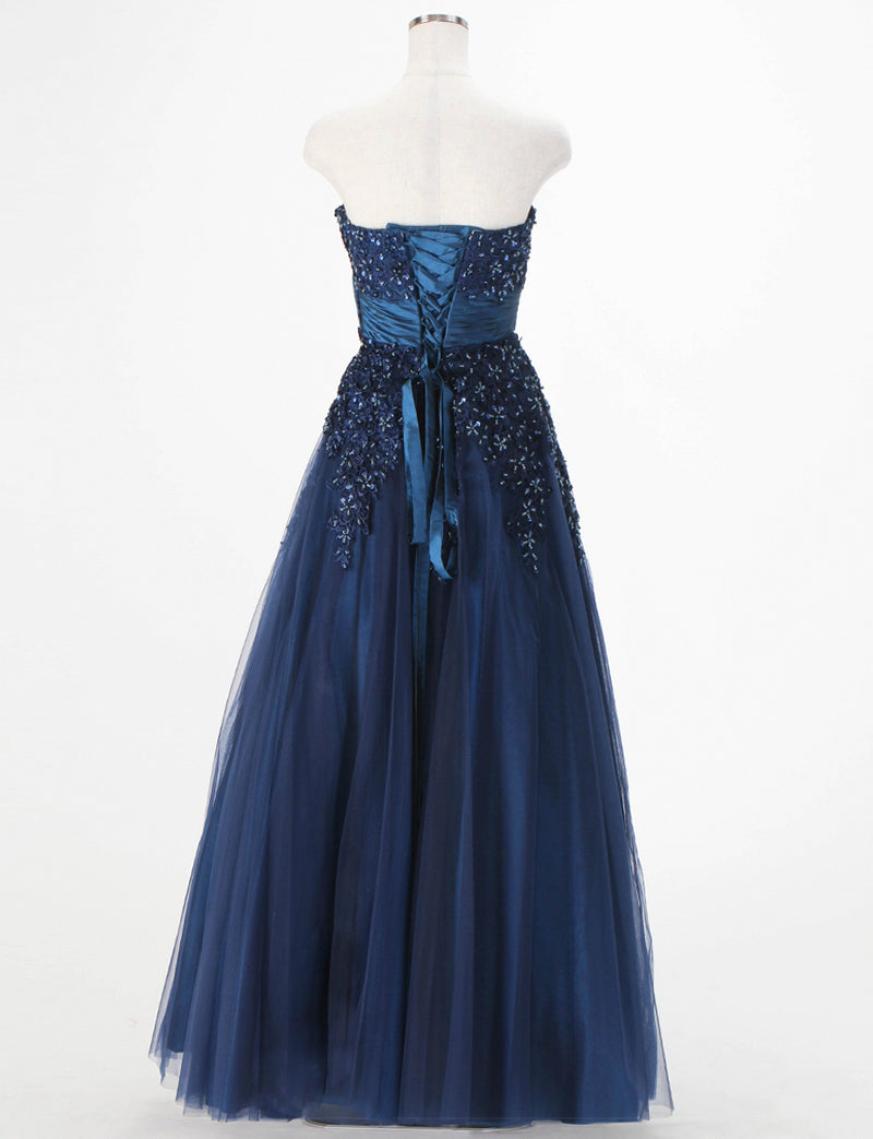 TWEED DRESS(ツイードドレス)のブルーネイビーロングドレス・チュール｜TS1502-BLNYのトルソー全身背面画像です。