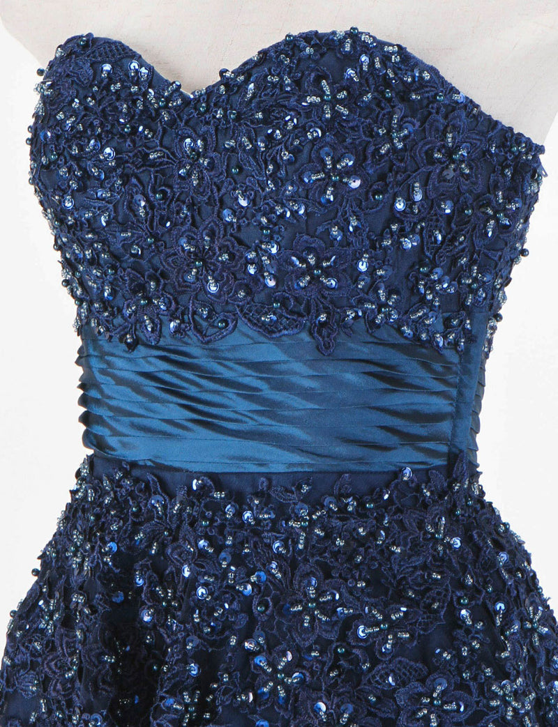 TWEED DRESS(ツイードドレス)のブルーネイビーロングドレス・チュール｜TS1502-BLNYのトルソー上半身斜め画像です。