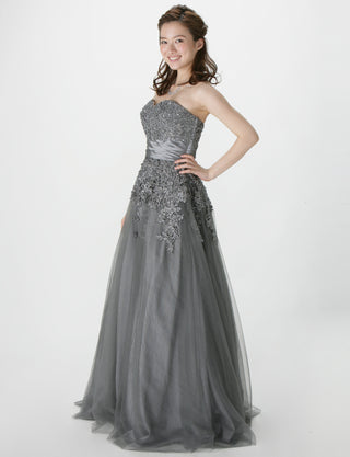 TWEED DRESS(ツイードドレス)のダークグレーロングドレス・チュール｜TS1502-DGYの全身斜め画像です。