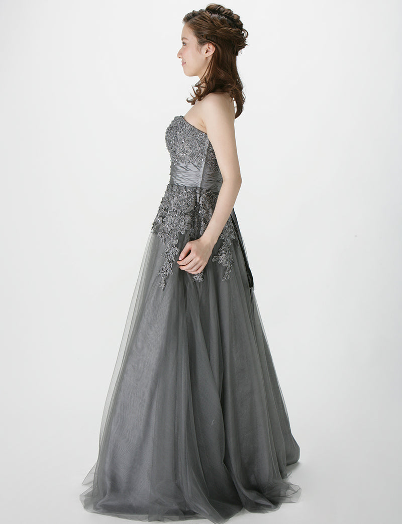 TWEED DRESS(ツイードドレス)のダークグレーロングドレス・チュール｜TS1502-DGYの全身側面画像です。