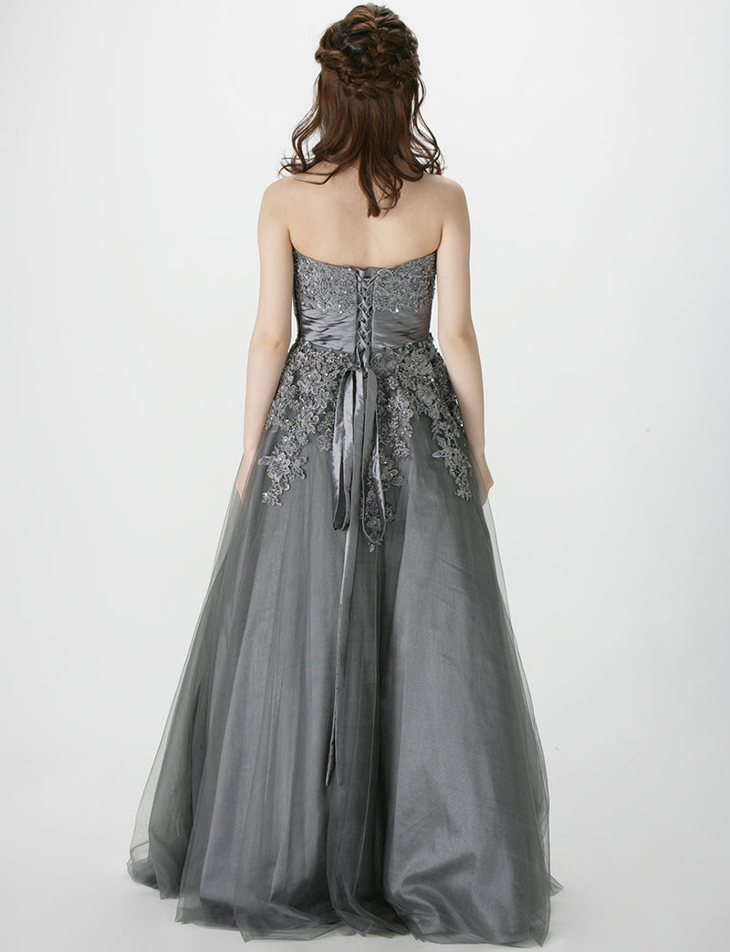 TWEED DRESS(ツイードドレス)のダークグレーロングドレス・チュール｜TS1502-DGYの全身背面画像です。