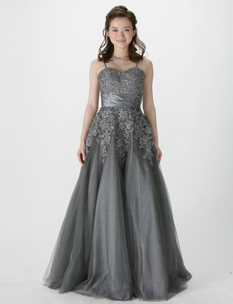 TWEED DRESS(ツイードドレス)のダークグレーロングドレス・チュール｜TS1502-DGYの全身正面ストラップ着用画像です。