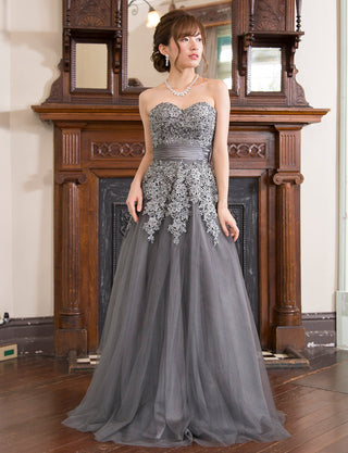 TWEED DRESS(ツイードドレス)のダークグレーロングドレス・チュール｜TS1502-DGYの全身正面画像です。