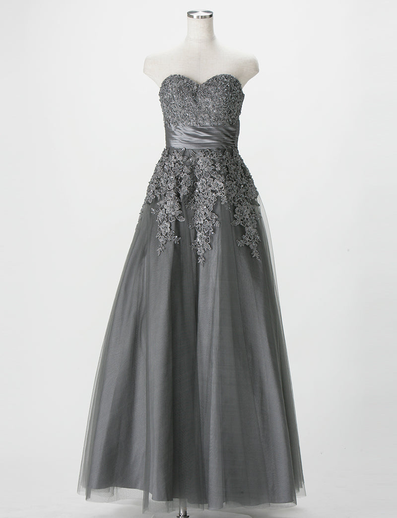 TWEED DRESS(ツイードドレス)のダークグレーロングドレス・チュール｜TS1502-DGYのトルソー全身正面画像です。