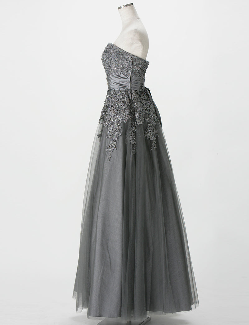 TWEED DRESS(ツイードドレス)のダークグレーロングドレス・チュール｜TS1502-DGYのトルソー全身側面画像です。
