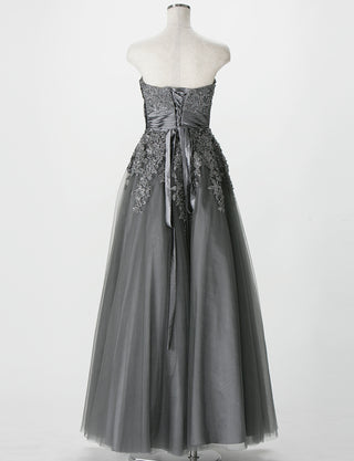 TWEED DRESS(ツイードドレス)のダークグレーロングドレス・チュール｜TS1502-DGYのトルソー全身背面画像です。