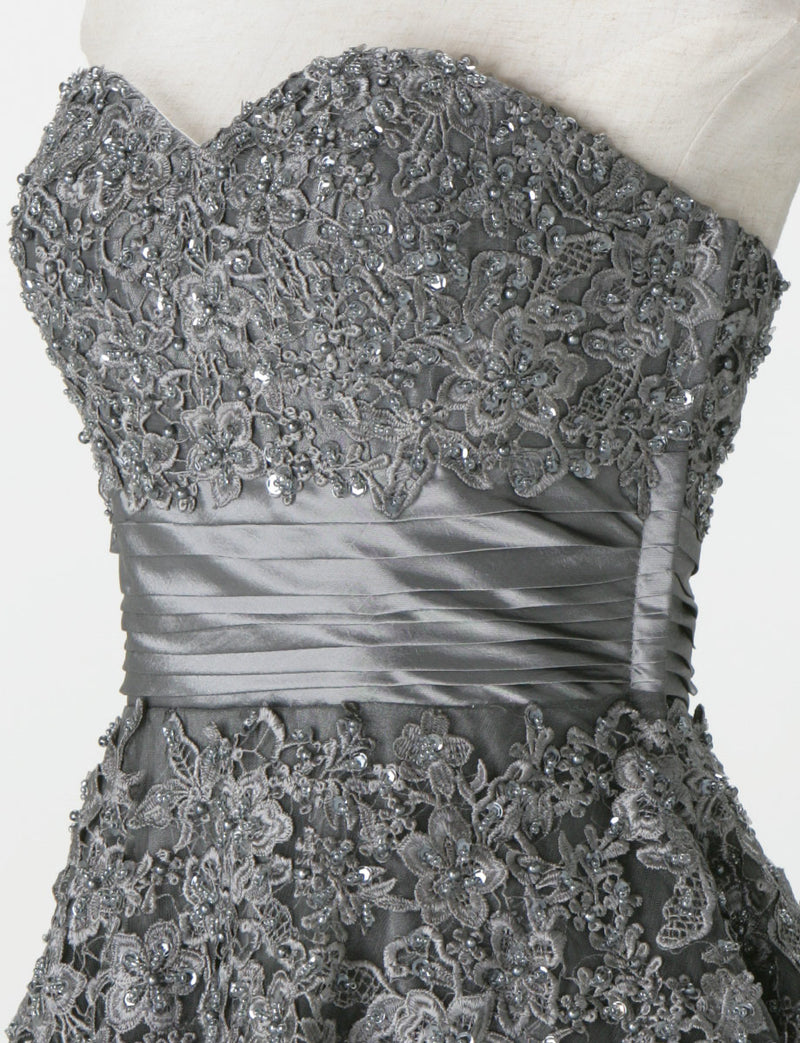 TWEED DRESS(ツイードドレス)のダークグレーロングドレス・チュール｜TS1502-DGYのトルソー上半身斜め画像です。