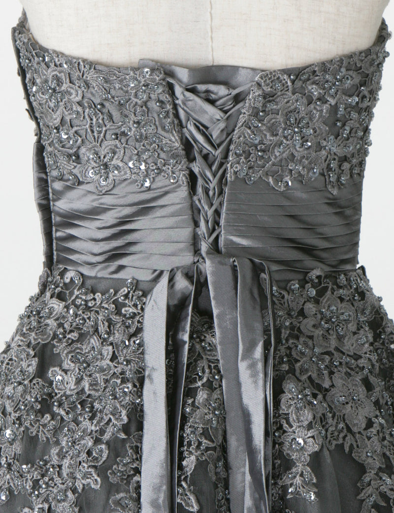 TWEED DRESS(ツイードドレス)のダークグレーロングドレス・チュール｜TS1502-DGYのトルソー上半身背面画像です。