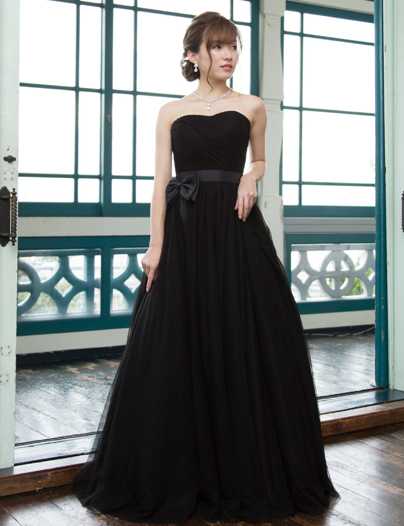 TWEED DRESS(ツイードドレス)のブラックロングドレス・チュール｜TS1503-BKの全身正面画像です。