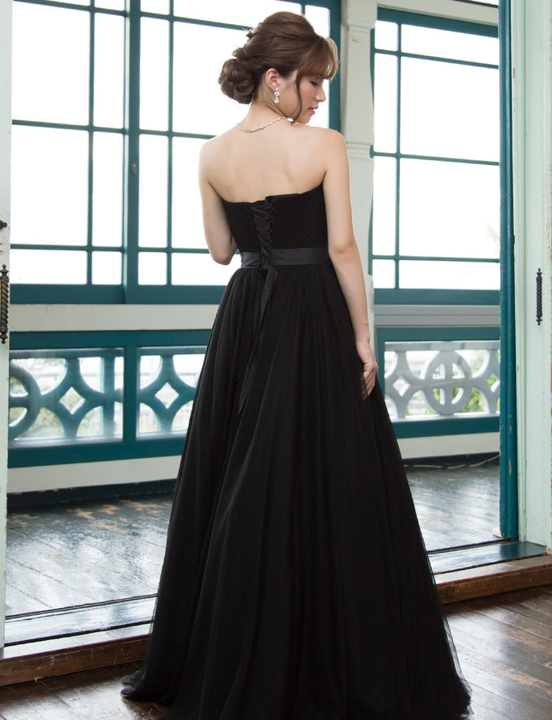 TWEED DRESS(ツイードドレス)のブラックロングドレス・チュール｜TS1503-BKの全身背面画像です。