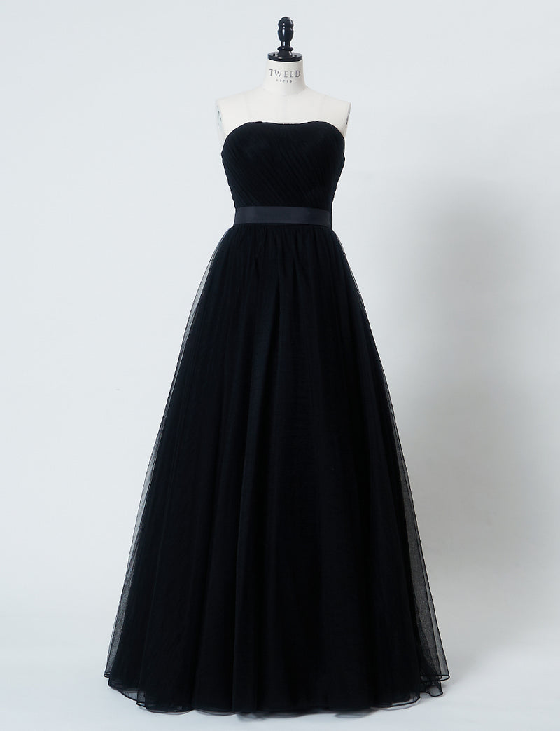 TWEED DRESS(ツイードドレス)のブラックロングドレス・チュール｜TS1503-BKのトルソー全身正面画像です。