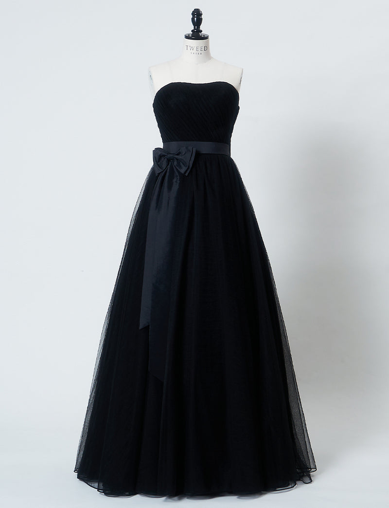 TWEED DRESS(ツイードドレス)のブラックロングドレス・チュール｜TS1503-BKのトルソー全身正面付属リボンを付けた画像です。