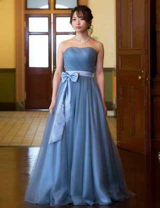 TWEED DRESS(ツイードドレス)のブルーグレーロングドレス・チュール｜TS1503-BLGYの全身正面画像です。