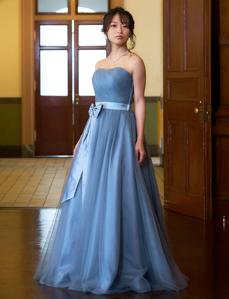TWEED DRESS(ツイードドレス)のブルーグレーロングドレス・チュール｜TS1503-BLGYの全身斜め画像です。