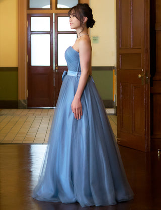 TWEED DRESS(ツイードドレス)のブルーグレーロングドレス・チュール｜TS1503-BLGYの全身側面画像です。