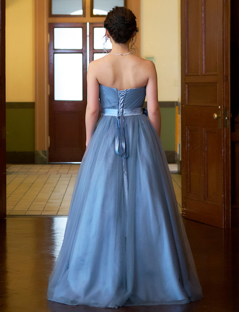 TWEED DRESS(ツイードドレス)のブルーグレーロングドレス・チュール｜TS1503-BLGYの全身背面画像です。