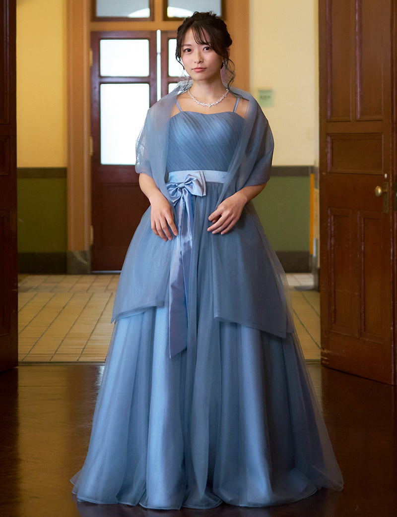 TWEED DRESS(ツイードドレス)のブルーグレーロングドレス・チュール｜TS1503-BLGYの全身正面ストール着用画像です。