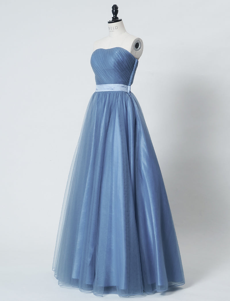TWEED DRESS(ツイードドレス)のブルーグレーロングドレス・チュール｜TS1503-BLGYのトルソー全身斜め画像です。