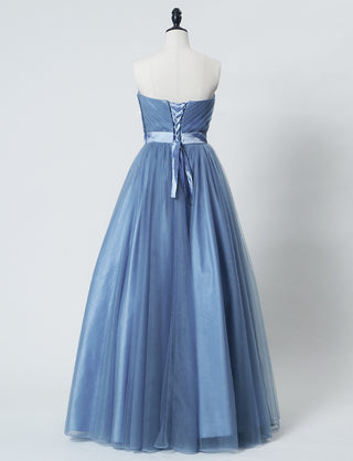 TWEED DRESS(ツイードドレス)のブルーグレーロングドレス・チュール｜TS1503-BLGYのトルソー全身背面画像です。