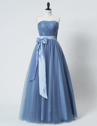 TWEED DRESS(ツイードドレス)のブルーグレーロングドレス・チュール｜TS1503-BLGYのトルソー全身正面付属リボン着用画像です。