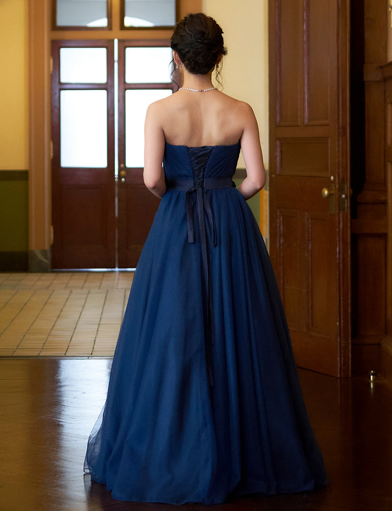 TWEED DRESS(ツイードドレス)のネイビーロングドレス・チュール｜TS1503-NYの全身背面画像です。